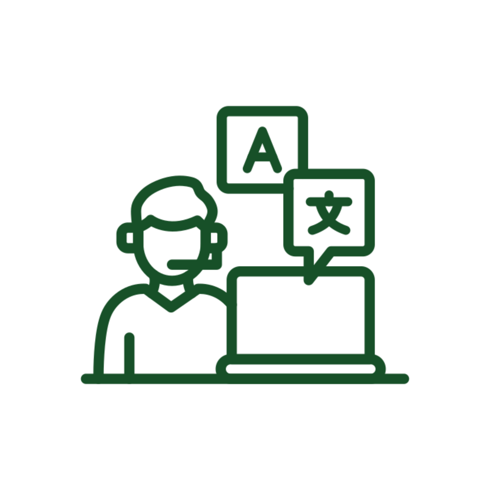 Person translating on laptop with headset icon.